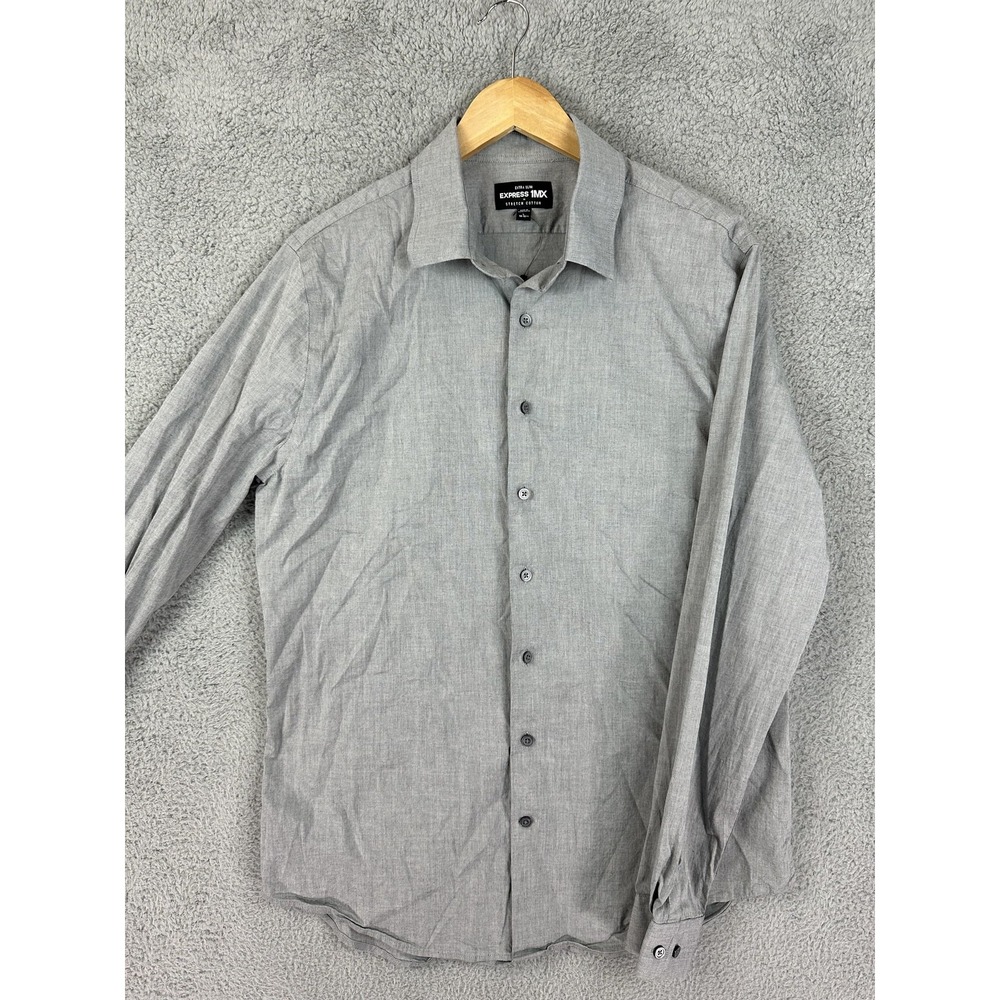 Express 1MX Dress Shirt Mens Large Gray Extra Slim Stretch Cotton Long Sleeve